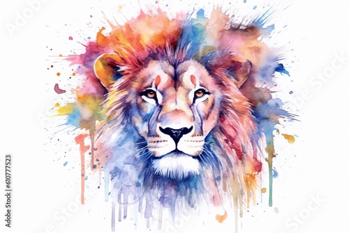 Colorful watercolor drawing of a male lion. Animal illustration. Generative AI © britaseifert