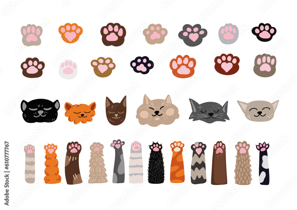 Vector set of cat muzzles and footprints. Doodle elements. Paw print icon, diary and notebook