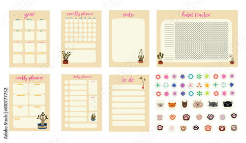 Planner notebook set, daily, monthly and weekly plan. Printable planner templates. Printable Life & Business Planner. vector collection of printable design, stickers set with cats, paws, home plants