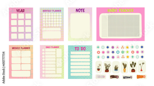 Planner notebook collection. daily, monthly and weekly plan. To do list, note, habit tracker. vector set of printable design, stickers set with cats, paws, home plants, diary 