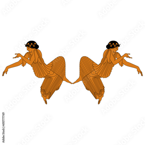 Symmetrical ethnic design with two reclining women. Ancient Greek vase painting style. Isolated vector illustration.