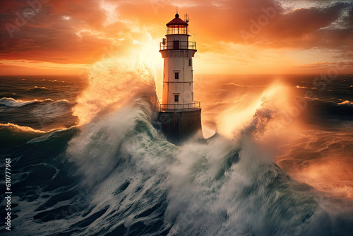 A lighthouse in the middle of the sea with big waves around. Dramatic but beauty view. Sunset background. Generative AI