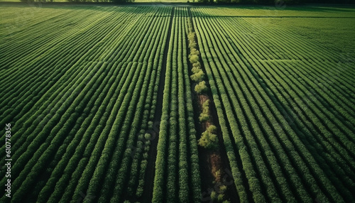 Green rows of wheat in a rural agricultural field landscape generated by AI