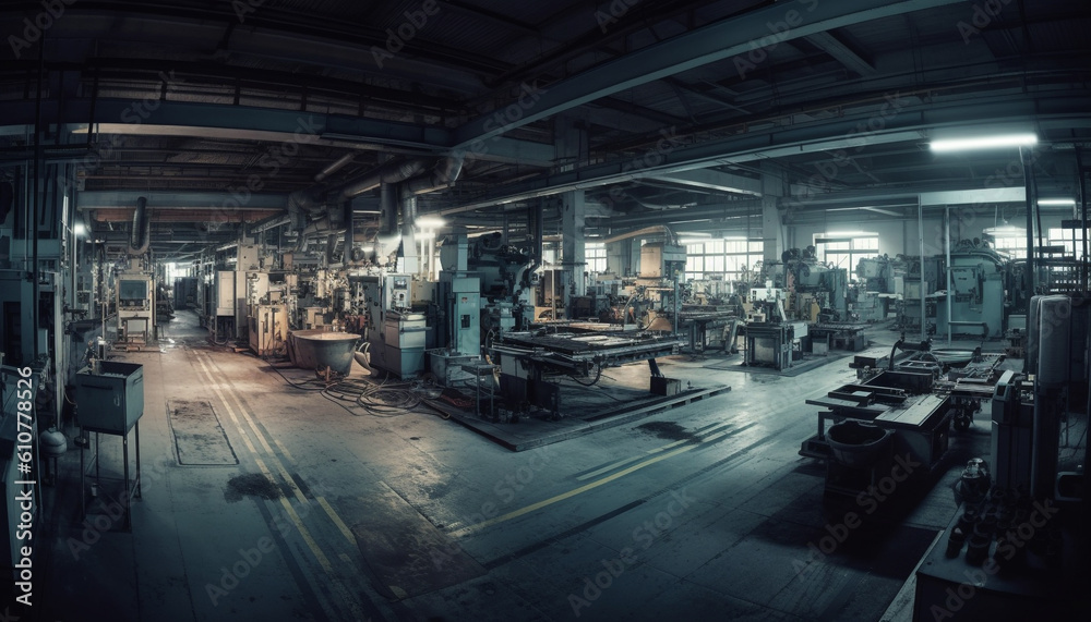 Metal manufacturing machinery in dark industrial building with blue lighting generated by AI