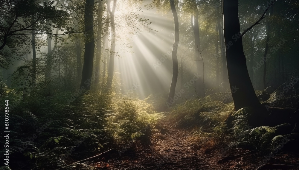 Obraz premium Tranquil scene of a mysterious forest with fog and sunlight generated by AI