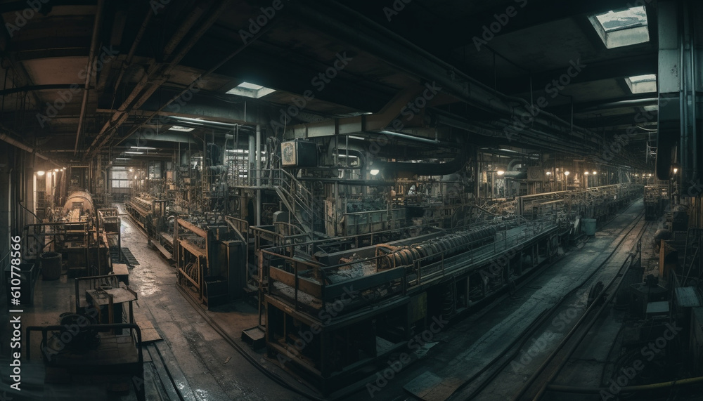 Metal workshop Inside an old industrial building, men work with machinery generated by AI