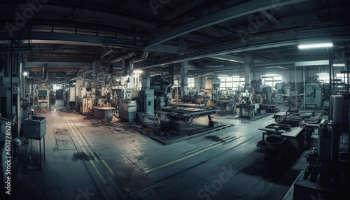 Metal manufacturing machinery in dark industrial building with blue lighting generated by AI