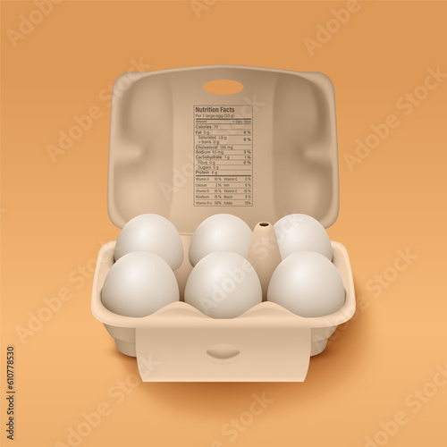 6 Six Vector 3d Realistic White Chicken Eggs in Opened Carton Paper Box, Container, Packaging. Chicken Egg Set, Isolated. Vector Raw Whole Eggs. Egg Pack in Front View photo