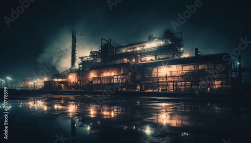 Industrial nightfall Pollution, smoke, and steel illuminate the environment generated by AI