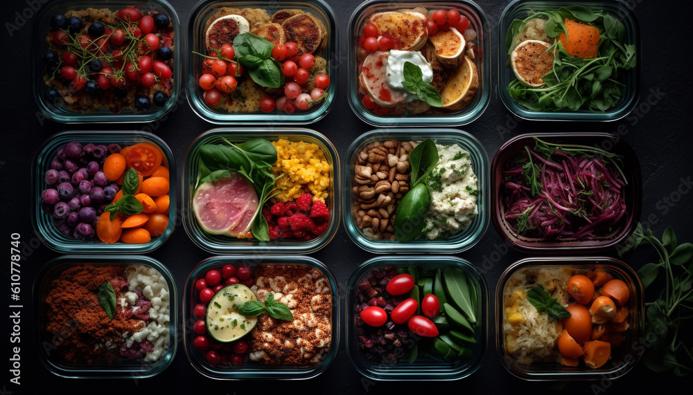 Healthy eating collection Fresh vegetable salad with organic meat and fruit generated by AI Healthy eating collection Fresh vegetable salad with organic meat and fruit generated by AI