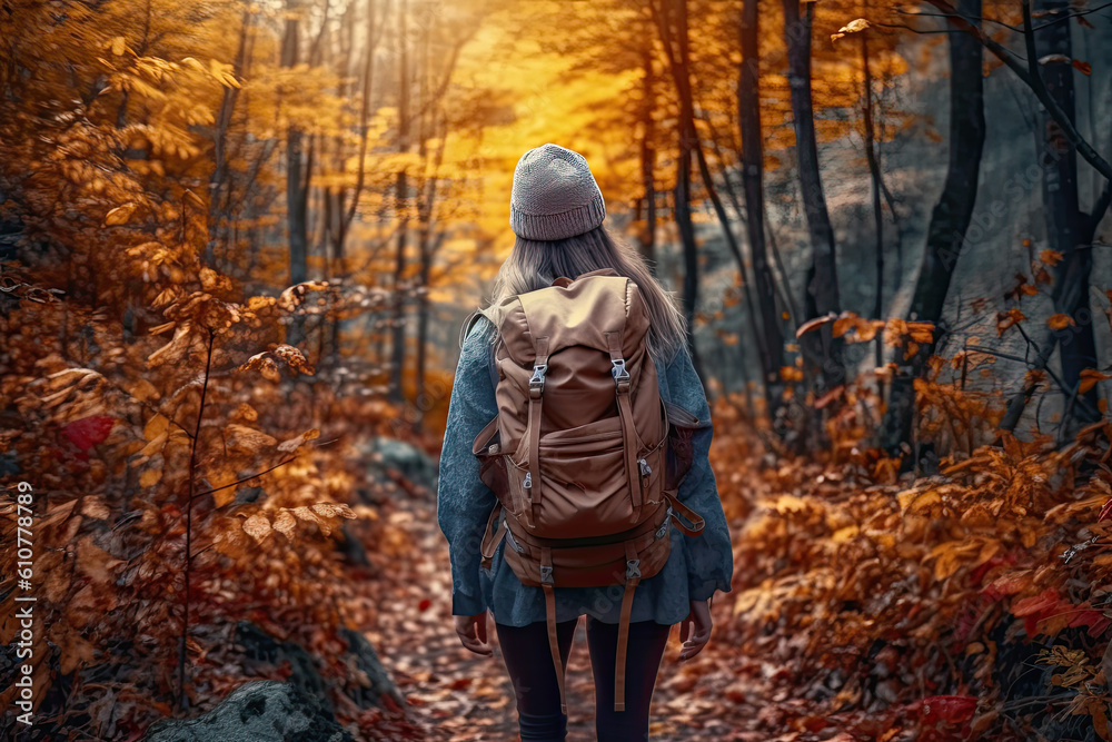 Back view of a young woman with backpack walking through autumn forest. Hiking. Generative AI