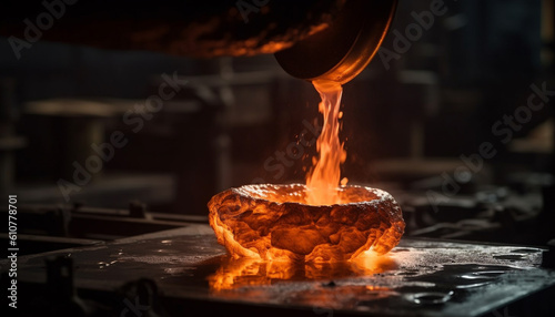 Metal workers in a steel mill pouring molten iron generated by AI