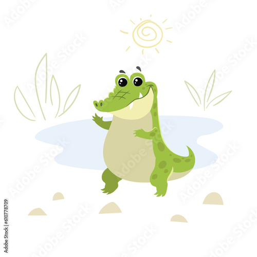 Cute childish cartoon little african crocodile. Simple preschool design template. Best for cloth print and party designs. Vector illustration.