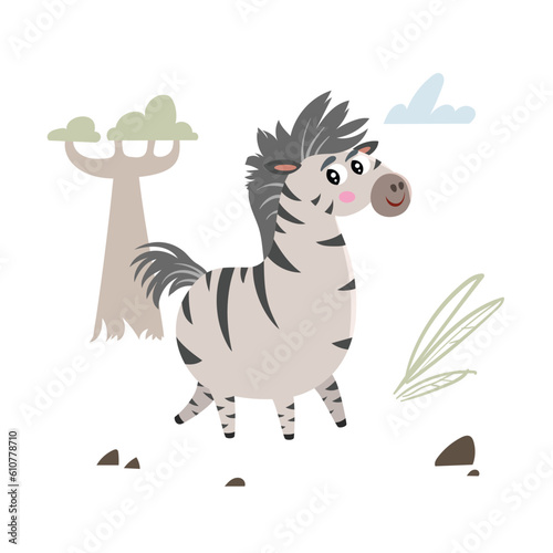 Cute childish cartoon little zebra walking in the savannah. Simple toddler design template. Best for cloth print and party designs. Vector illustration.
