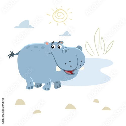 Cute childish cartoon little hippopotamus. Simple preschool design template. Best for cloth print and party designs. Vector illustration. © Sketch Master