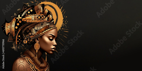 African woman illustration in profile view on black background. Freedom Day, Emancipation Day, or Black Independence Day banner. Generative AI