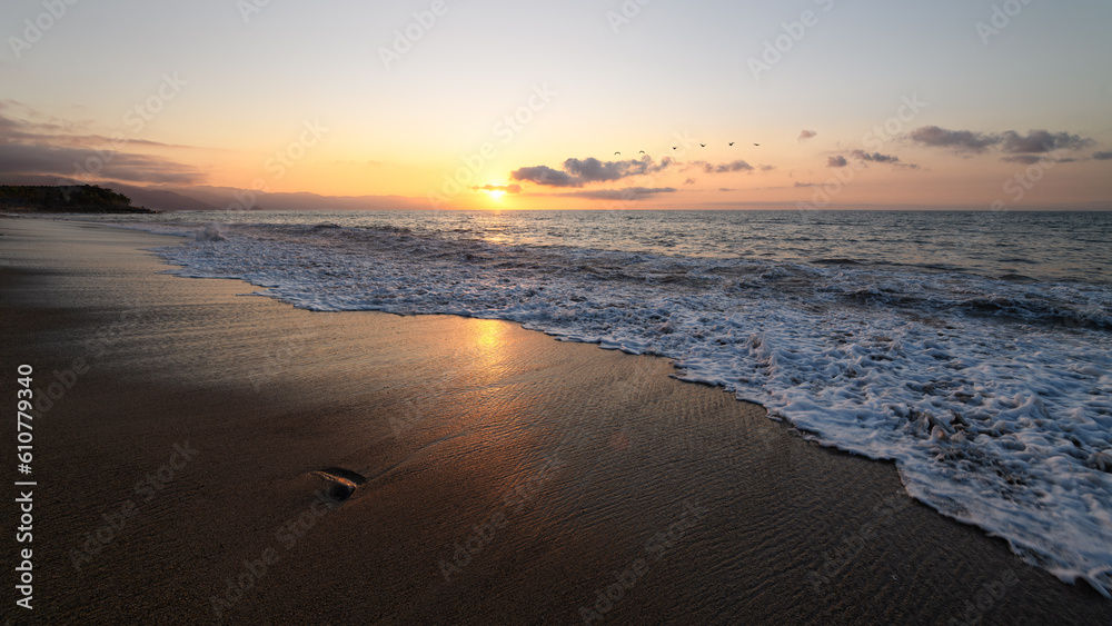 Sunset Beach Ocean Birds Inspirational Nature Landscape 