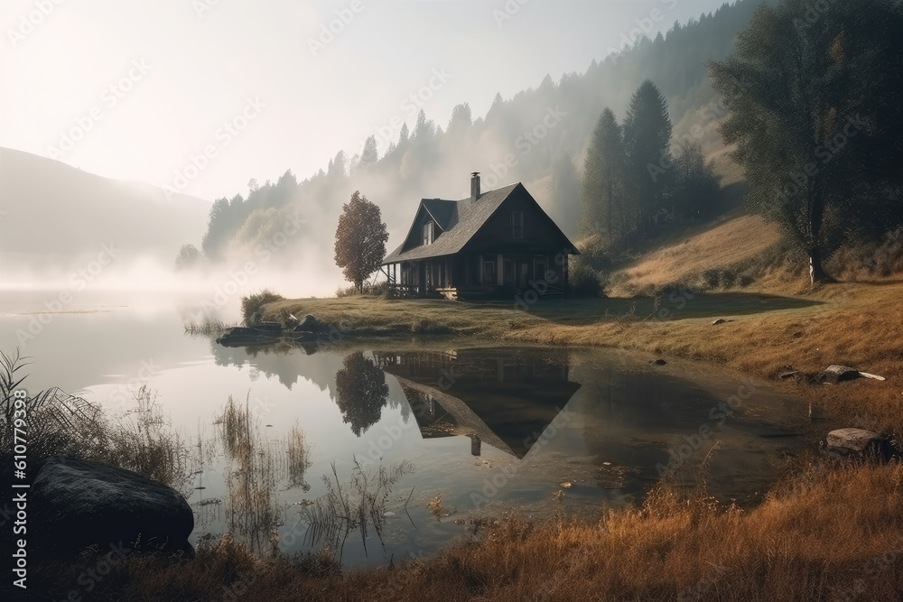 Lonely house near the beautiful lake with mountains view. Super realistic illustration. Generative AI
