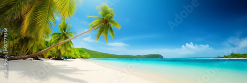 Panorama banner photo of tropical beach with palm tree, banner, generative AI