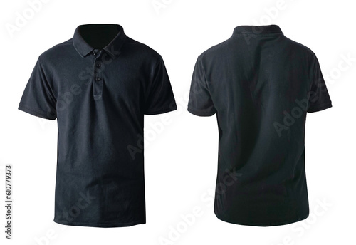 Blank collared shirt mock up template, front and rear view, plain black t-shirt isolated on white. Polo tee design mockup presentation for print
