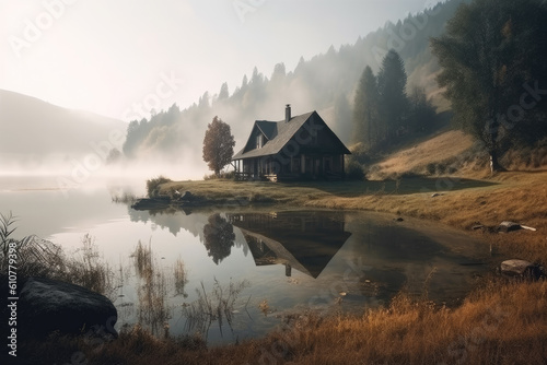 Lonely house near the beautiful lake with mountains view. Super realistic illustration. Generative AI