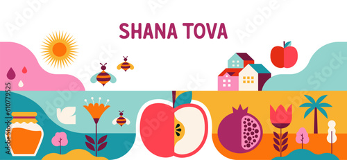 Rosh Hashanah background, banner, flat geometric style. Shana Tova, Happy Jewish New Year, concept design