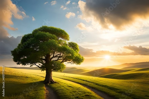 Green tree on the meadow in the sunset generated by AI