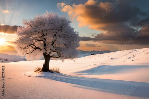 Lonely snowy tree in the winter generated by AI