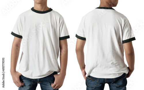 Blank shirt mock up template, front and back view, Asian teenage male model wearing plain white ringer t-shirt isolated on white. Tee design mockup presentation for print photo