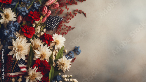 Patriotic American 4th of July Themed Floral Flat Lay on Pastel Color Background - USA Red, White, and Blue with Copy Space - Holiday Theme for Memorial Day, Flag Day, Veterans Day - Generative AI © AnArtificialWonder