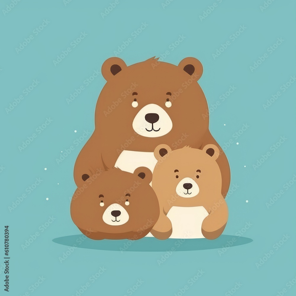 Obraz premium The bear hugs the little cubs. Festive theme, Concept: Poster for a children's room. Baby print for nursery. The design can be used for fashion t-shirt, greeting card. illustration, Generative ai