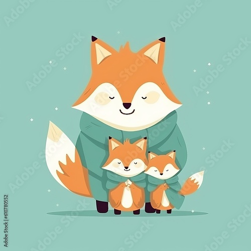 Cute fox and fox cub. Festive theme, Concept: Poster for a children's room. Baby print for nursery. The design can be used for fashion t-shirt, greeting card. illustration, Generative ai