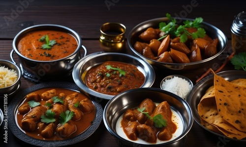 Traditional Indian dishes on the wooden table