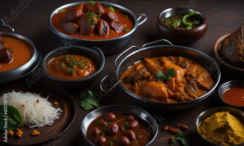Traditional Indian dishes on the wooden table