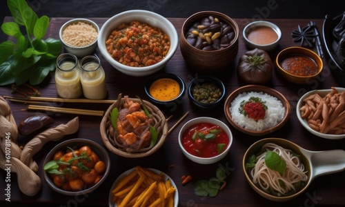 Traditional Thailand dishes on the wooden table