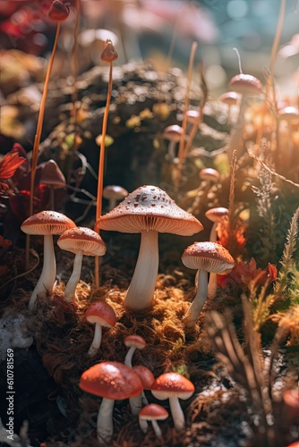 Mushroom in the autumn forest. AI generated art illustration.
