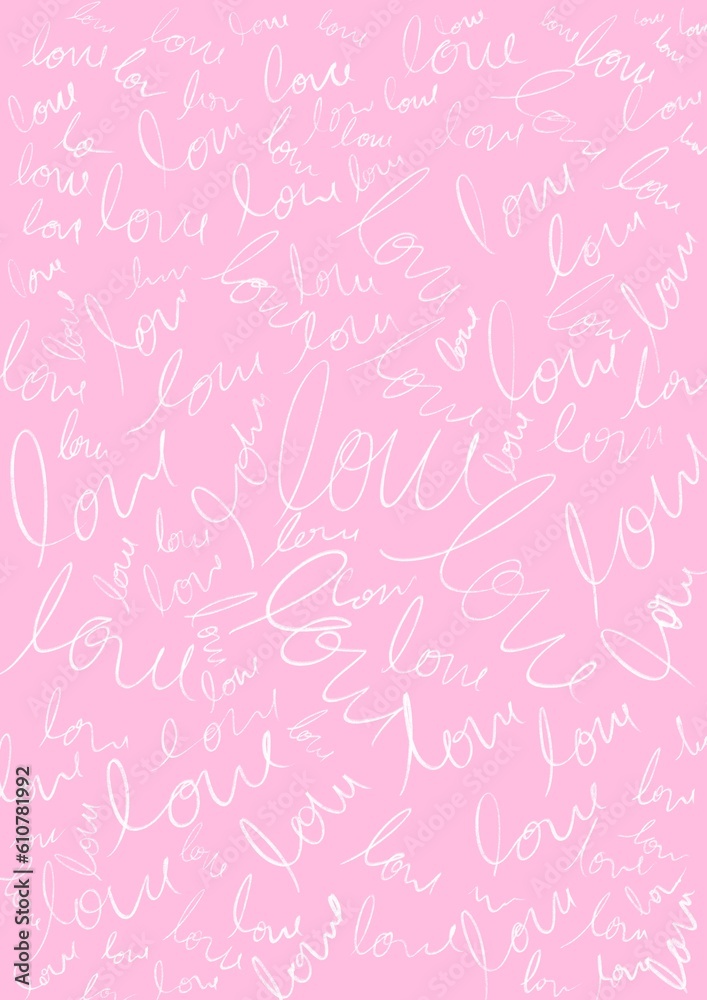 Paper written love, beautiful illustration of a sheet with the writing love repeated countless times, handmade drawing.