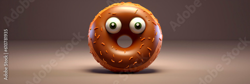 Banner with cute surprised donut. Generative AI. Funny doughnut with pop-eyed. National Donut Day or Fat Thursday. Header panorama for website, advert, children's menu, signboard. photo