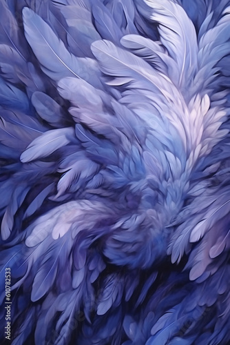 The painting has abstract blue and white flowing forms. AI generative