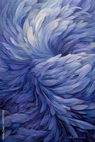 The painting has abstract blue and white flowing forms. AI generative