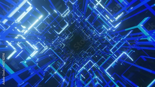 Wallpaper Mural 4k seamless looped animation. Fly through mirror tunnel with neon pattern, glow lines form sci fi pattern. Bright reflection neon light. Simple bright background, sci fi structure Torontodigital.ca