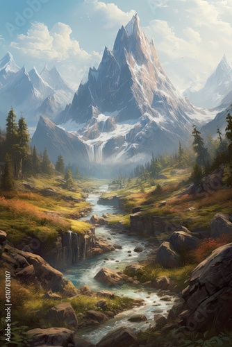 Landscape in the sun. AI generated art illustration.