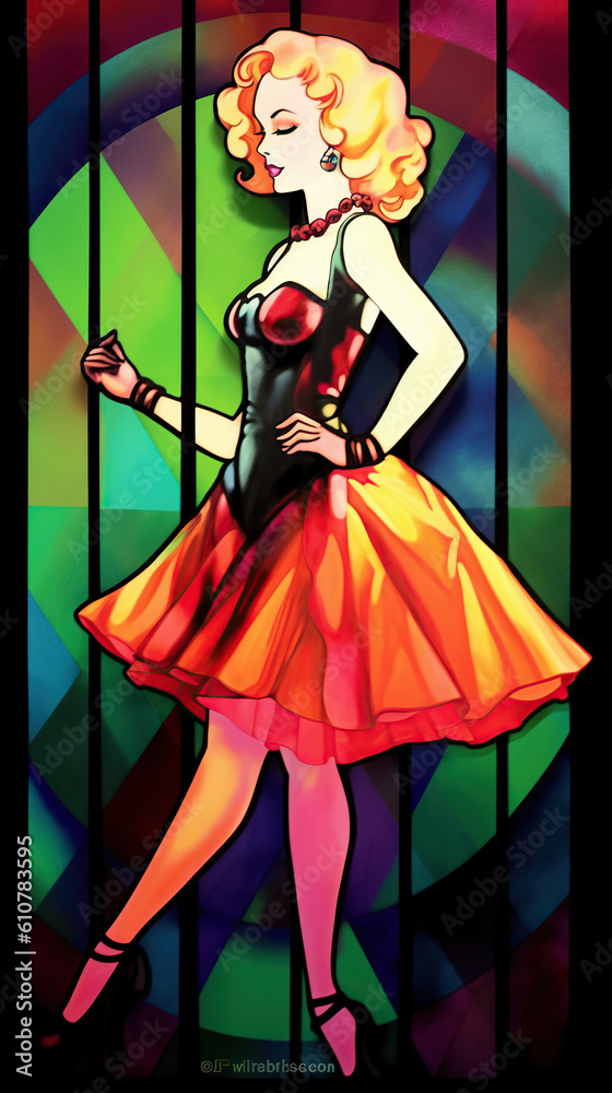 stained glass window of a beautiful woman. Pin-up. Vibrant colors. AI generated image. stained glass window of a beautiful woman. Pin-up. Vibrant colors. AI generated image.