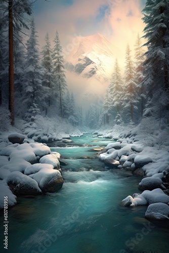 Winter landscape with river. AI generated art illustration. 