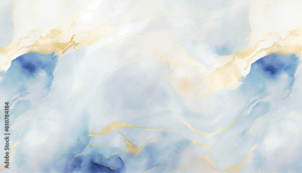 Abstract blue liquid watercolor background with golden dust. Cyan marble alcohol ink drawing effect. Vector illustration design template for wedding invitation, menu, rsvp, banner. Abstract blue liquid watercolor background with golden dust. Cyan marble alcohol ink drawing effect. Vector illustration design template for wedding invitation, menu, rsvp, banner.