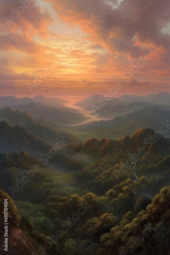 Sunrise over the river. AI generated art illustration. 