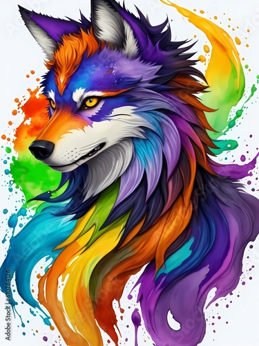 Colorful orange yellow purple green blue face wolf profile portrait head on white background in aquarelle style, creative abstract background with colourful watercolor painting. Generative AI