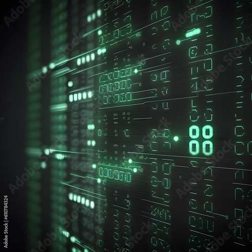 Digital binary code data matrix on strikingly dark background filled with intricate patterns and unique details suitable for web design and online business promotions. Generative AI