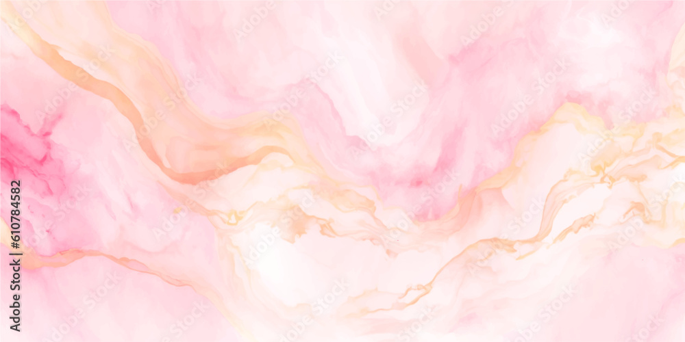 Rose pink marble liquid watercolor background with golden dust. Dusty blush marble alcohol ink drawing effect. Vector illustration design template for wedding invitation, menu, rsvp, banner.