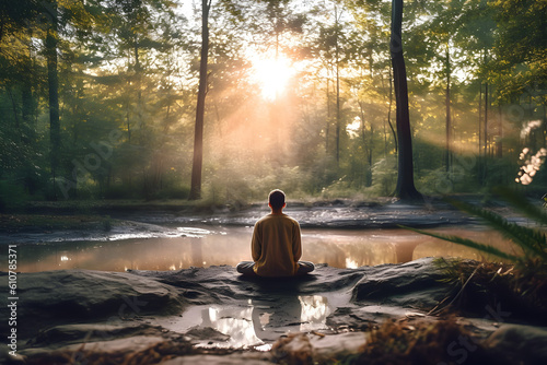 Person meditating in forest with river, solitude, mental health